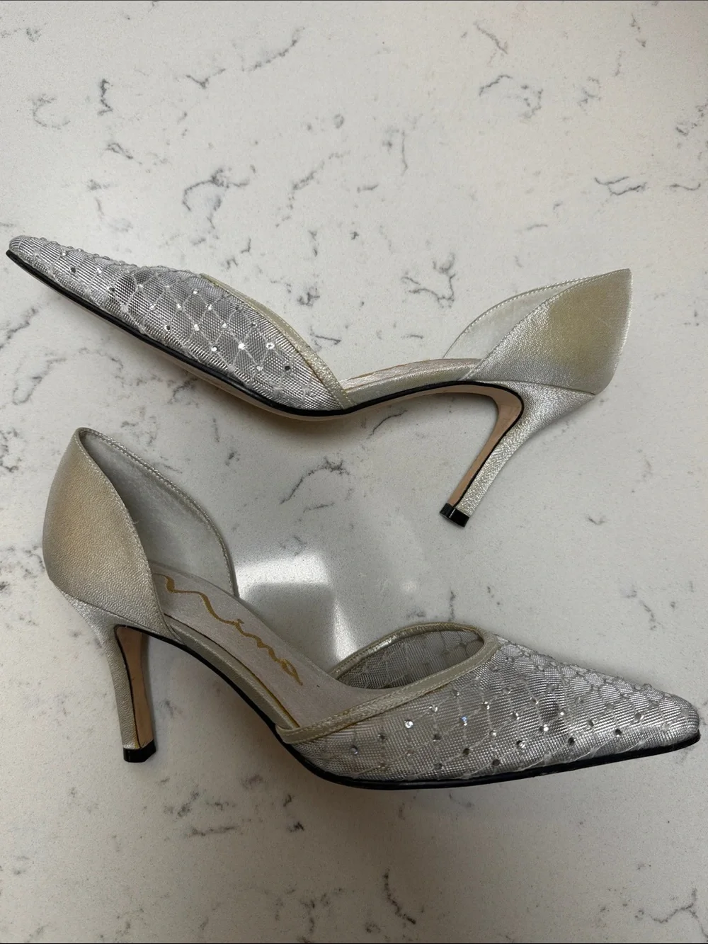 Nina Silver Rhinestone Quilted Pointed-Toe D'Orsay Heels Size 6
